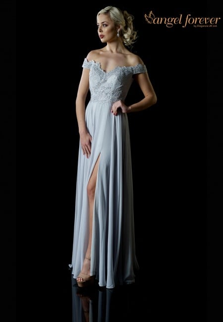 Angel Forever Silver, Bardot, Chiffon Prom Dress / Evening Dress Front